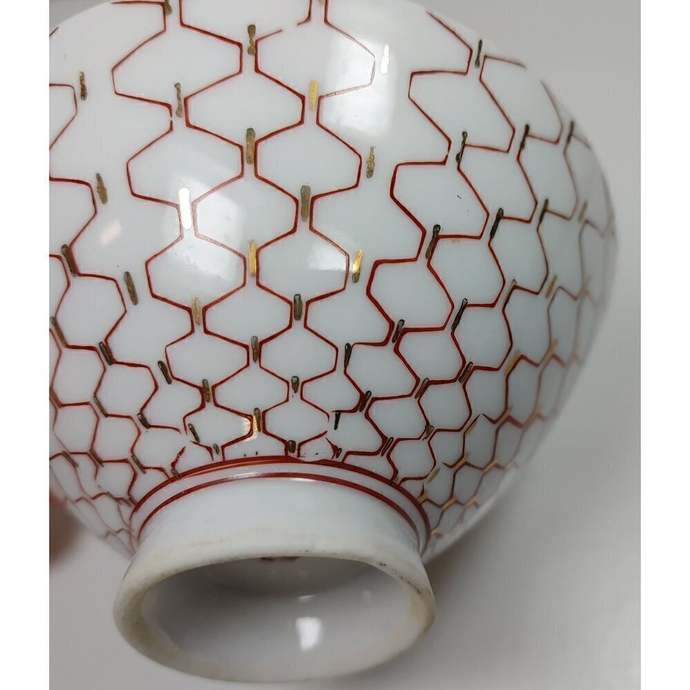 Japanese Porcelain Red White Geometric Pattern Footed Rice Bowl Set Of 3 - Picture 12 of 13